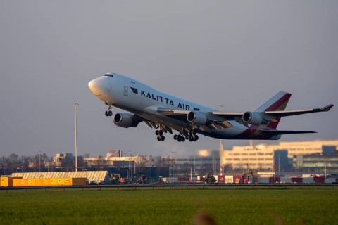 US cargo plane, Kalitta Air Boeing 747-400, aircraft taking off from Kaagbaan runway, 06/24, at