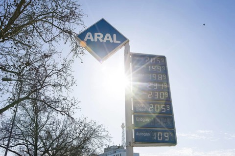 The price table for a gas pump on Messedamm shows prices per liter of sometimes over 2 euros.