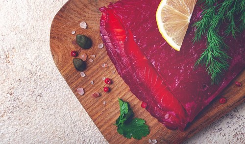 Salmon gravlax with beetroot, Scandinavian snack, beet gravlax, lightly salted fish, homemade, no