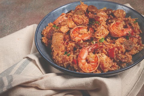 Jambalaya, Creole dish, American pilaf, rice with chicken and shrimp, vegetables, homemade, no