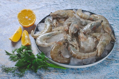 Fresh raw shrimp, spread on ice with lemon and cilantro slices on a marble surface, ready to cook,