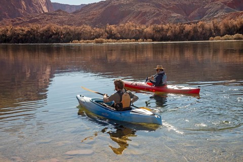 Lee's Ferry, Arizona - Kayakers on the Colorado River at the north end of the Grand Canyon. A ferry