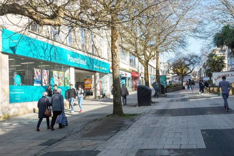 Shops and shoppers pedestrianised shopping street, New George Street, city centre of Plymouth,