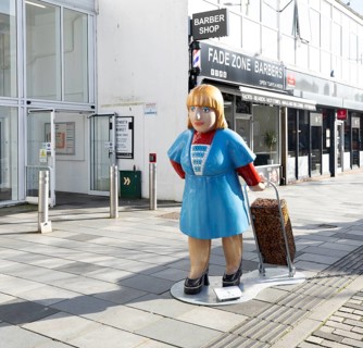 Beryl Cook 'Cheerful Shopper' figure woman shopper, Market Avenue, city centre of Plymouth, Devon,