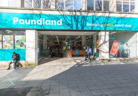 Poundland discount store shop, pedestrianised shopping street, New George Street, city centre of
