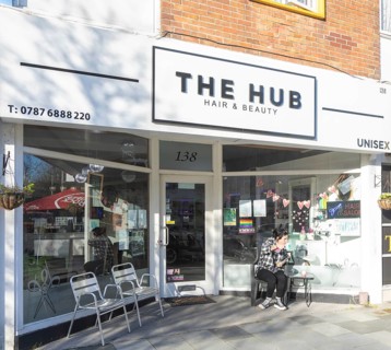 The Hub hair and beauty shop, city centre of Plymouth, Devon, England, UK