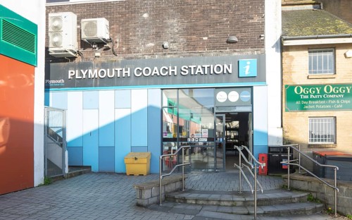 Entrance doorway to Plymouth bus station, Plymouth, Devon, England, UK architects Stantec