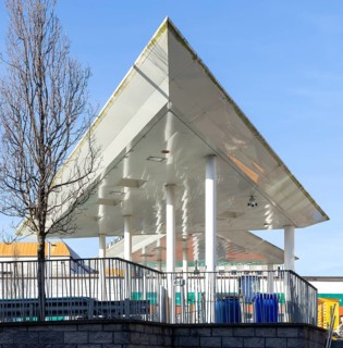 Triangular white canopy and slender columns, Plymouth bus station, Plymouth, Devon, England, UK