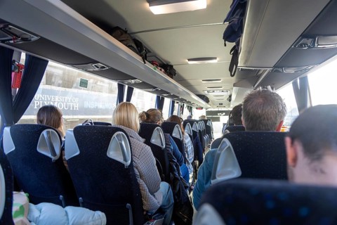 Passengers sitting onboard rail replacement bus coach, Plymouth, Devon, England, UK
