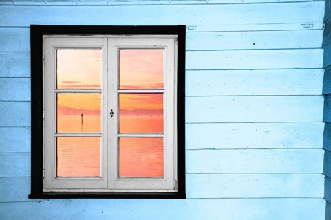 Window at a bus shelter on a steamer dock on Lake Constance, Bavaria, Baden-Württemberg, Germany