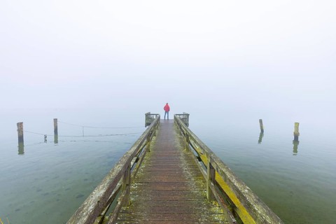 Lonely man staring in the mist over Lake Ratzeburg, Ratzeburger See from wooden jetty, Lauenburg