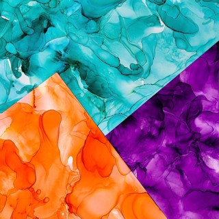 Abstract fluid art in blue, orange, and purple. Dynamic and vibrant, this artwork captures the flow
