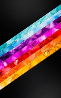 A striking abstract image featuring diagonal stripes in vibrant hues like blue, purple, red, and