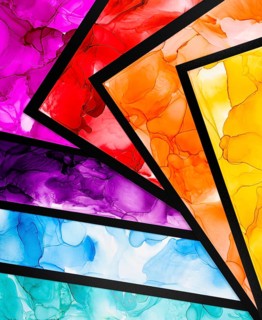 A stunning composition showcases layers of multicolored ink wash art creating a vibrant, abstract