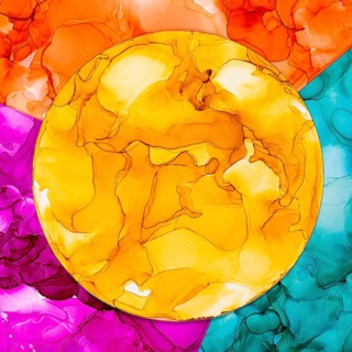 An eye catching abstract art piece showcasing a vibrant circular design on paper. The fluid colors