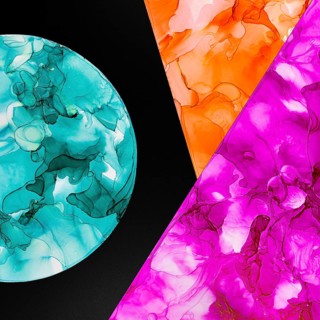 Abstract artwork featuring vibrant teal, orange, and magenta fluid shapes arranged geometrically on