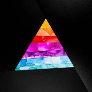 A vibrant geometric triangle featuring layers of vivid colors inks against a dark backdrop. The