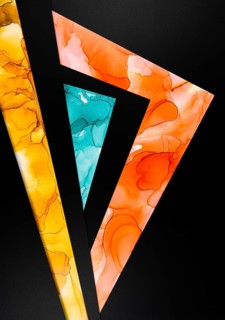 A vibrant abstract design featuring triangular shapes with fluid ink patterns in orange, yellow,