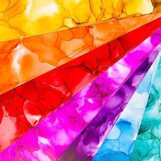 Vibrant abstract artwork featuring layers of colors liquid textures on paper. The overlapping hues