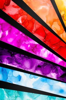Diagonal layers of colorful ink create a dynamic abstract composition in paper. Vivid reds,
