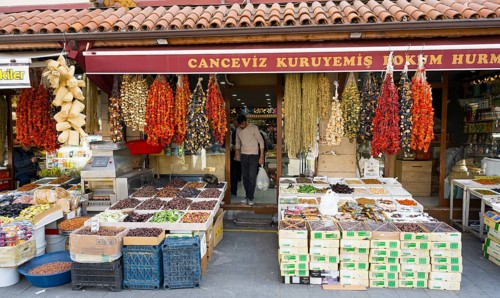 A wide range of dried fruits and spices at a market stand, Konya, Central Anatolia, Turkey
