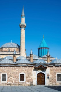 Mosque with minaret and turquoise dome under blue sky, Mevlana Museum, Mevlana, landmark, mausoleum