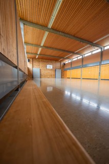 Basketball hall with wooden elements and a quiet, reflective floor area, Schlehengäu Grund Schule