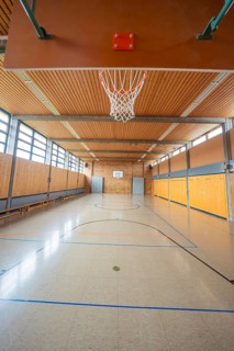 Sports hall with basketball hoop and wooden floor, ideal for various ball games, Schlehengäu Grund