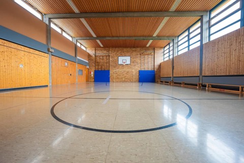 Empty sports hall with wooden paneling and basketball hoop, illuminated by large windows,