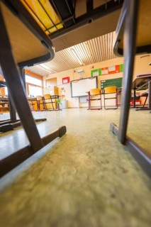 Floor view of an empty classroom, chairs in the foreground, Schlehengäu Grund Schule Gechingen,