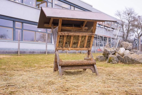 Wood hay rack on a hay covered meadow next to stones, Schlehengäu Grund Schule Gechingen, Calw