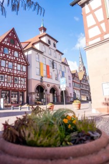 City center with half-timbered houses and flowers in bright skies, Calw, Calw district, Germany