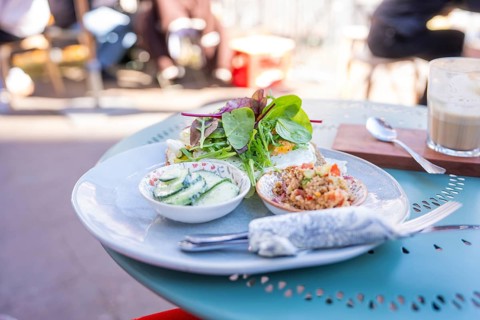 Fresh meal with salad, guacamole and quinoa on an outdoor table, Calw, Calw district, Germany