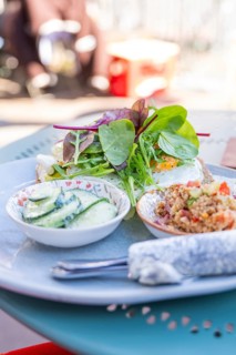 Fresh lunch with salad, quinoa and cucumber on an outdoor blue plate, Calw, Calw district, Germany