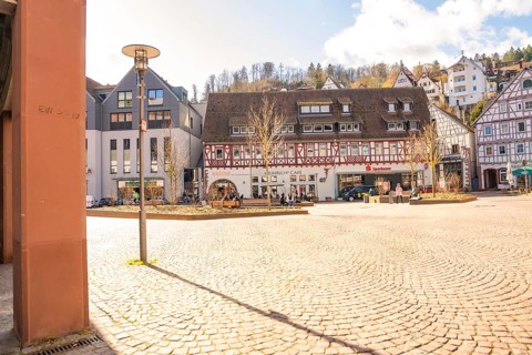 Sunny town square with half-timbered houses and lively atmosphere, Calw, Calw district, Germany