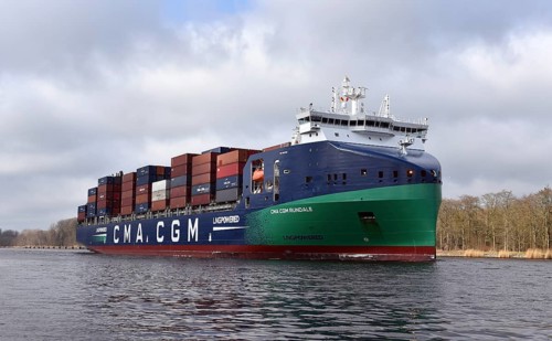 Container ship CMA CGM RUNDALE sails in the Kiel Canal, NOK, Kiel Canal, Kiel Canal,