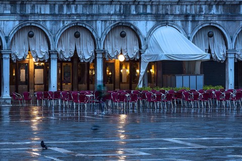 Historic Caffé Florian early in the morning, empty St. Mark's Square when it rains, Venice, Veneto,