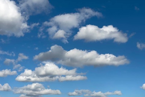 In the upper half of the image, medium-height white clouds Cumulus fractus torn ragged cluster