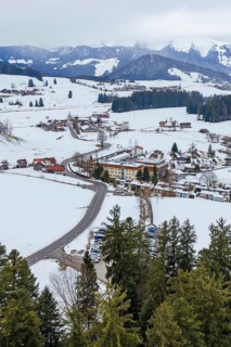 Snowy village in the mountains with a winding road surrounded by trees and cloudy sky, specialist