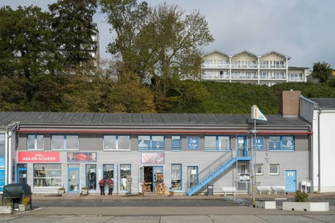 Shops at the city harbor, Sassnitz, Rügen, island, Baltic Sea, Mecklenburg-Western Pomerania,