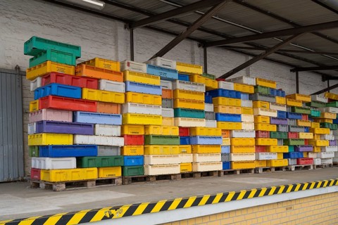 Numerous colored containers are stacked at a warehouse, Sassnitz, Rügen, Insel, Baltic Sea,