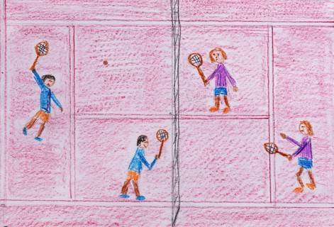 Children's drawing, naive illustration, tennis, tennis game on the tennis court, bird's eye view