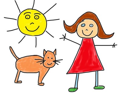 Naive illustration, child drawing, happy girl with cat, sun