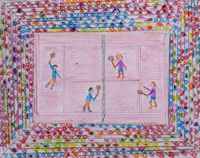 Children's drawing, naive illustration, tennis game in the stadium, bird's eye view