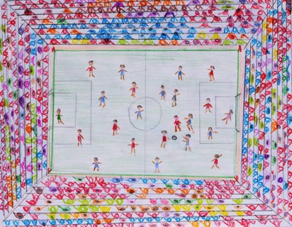 Children's drawing, naive illustration, soccer game in the soccer stadium, bird's eye view