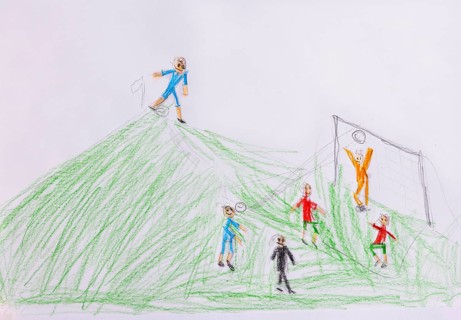 Naive illustration, children's drawing, children playing soccer in front of the goal