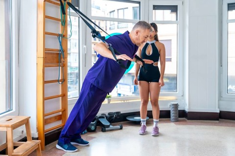 Physician assisting male patient performing strength exercises with suspension straps, guided by a