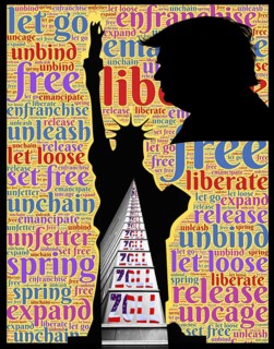 Symbolic image, Statue of Liberty and Trump in customs mania, Trump and Maga movement as a threat