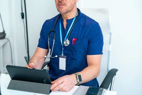 Medical professional in blue scrubs wearing a stethoscope and id card, using a digital tablet while