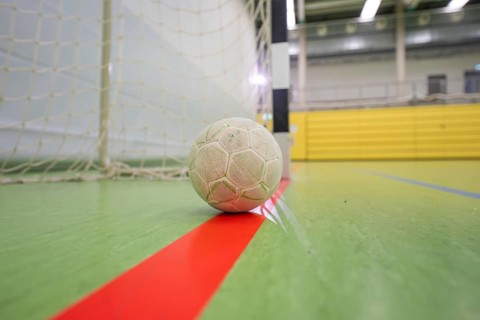 A handball is resting on a red stripe in a sports hall near the goal, Handball, Calw, Germany